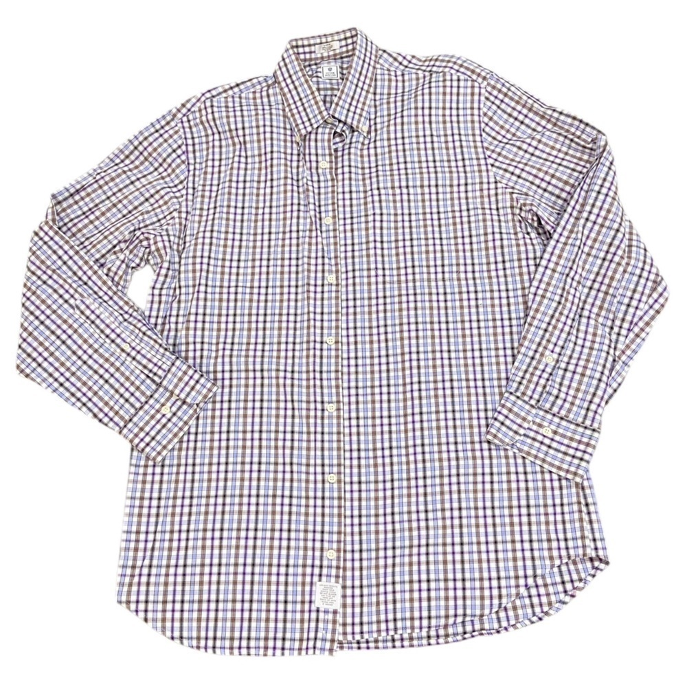 Peter Millar button down 100% cotton plaid shirt chest pocket blue/brown large